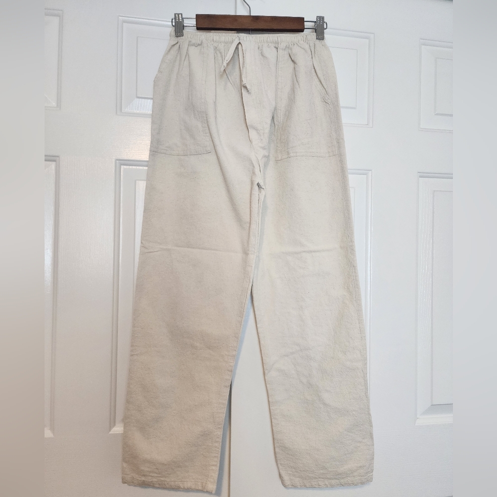Cream Color Cotton Pockets Faux Zipper Straight Leg  Wome's Pants Size L